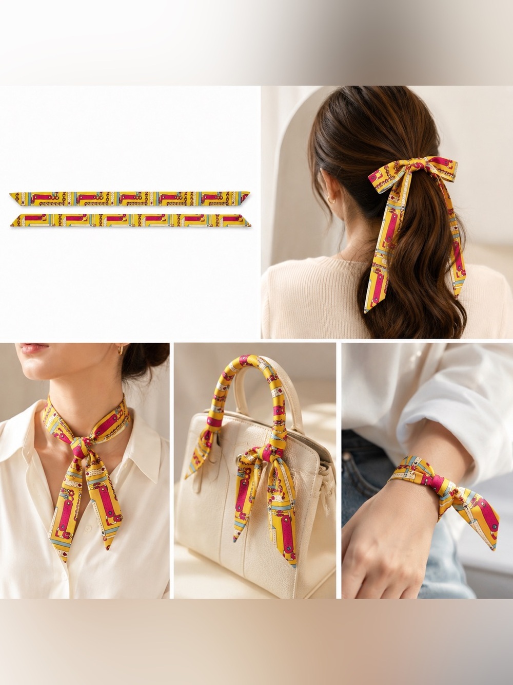 Gold Chain Print Skinny Scarf Hair Bag Neck Accent